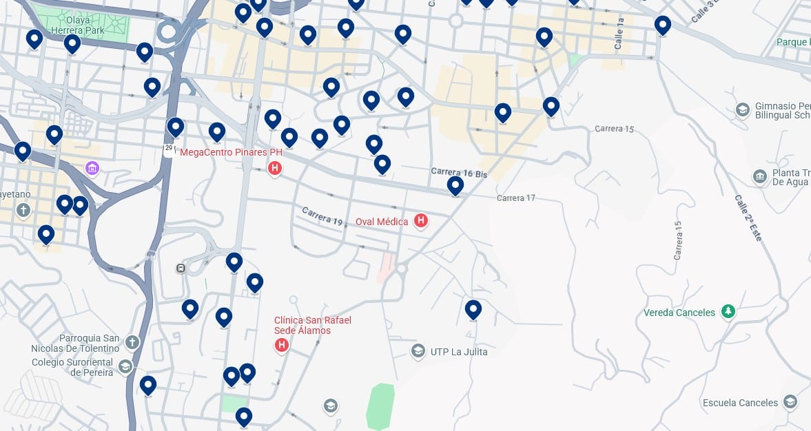 Acomodações na Zona Rosa & Avenida Circunvalar - Clique no mapa para ver todos os hotéis disponíveis nesta área