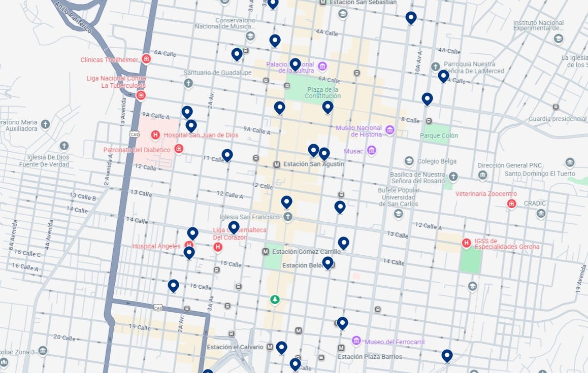 Hospedagem no Centro Histórico da Cidade da Guatemala - Clique no mapa para ver todos os hotéis disponíveis nesta área