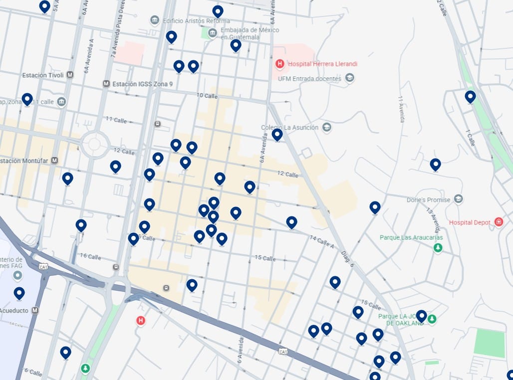 Hospedagem na Zona 10 - Clique no mapa para ver todos os hotéis disponíveis nesta área