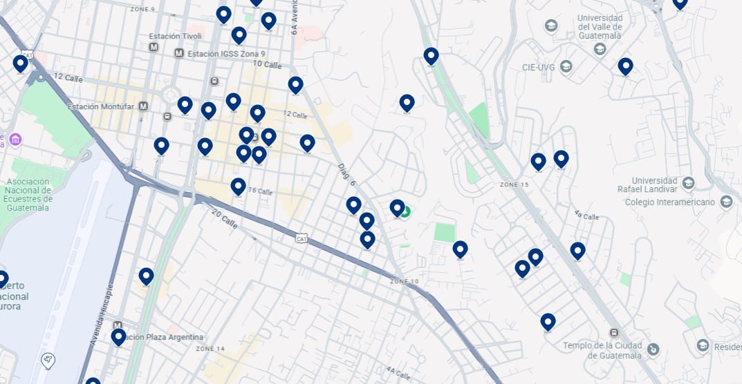 Hospedagem na Zona 15 - Clique no mapa para ver todos os hotéis disponíveis nesta área