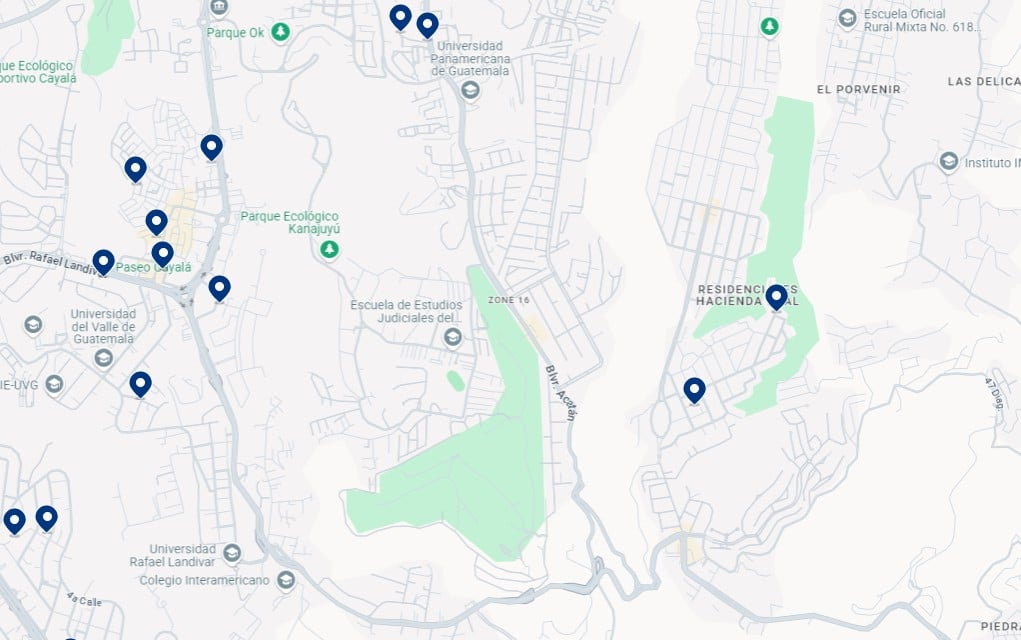 Hospedagem na Zona 16 - Clique no mapa para ver todos os hotéis disponíveis nesta área