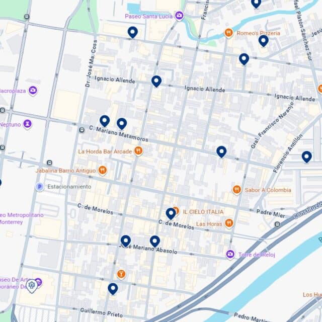 Mapa de alojamientos en el Barrio Antiguo de Monterrey