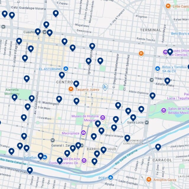 Mapa de alojamientos en el Centro de Monterrey