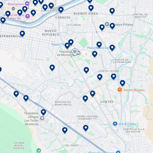 Mapa de alojamientos en Monterrey Sur