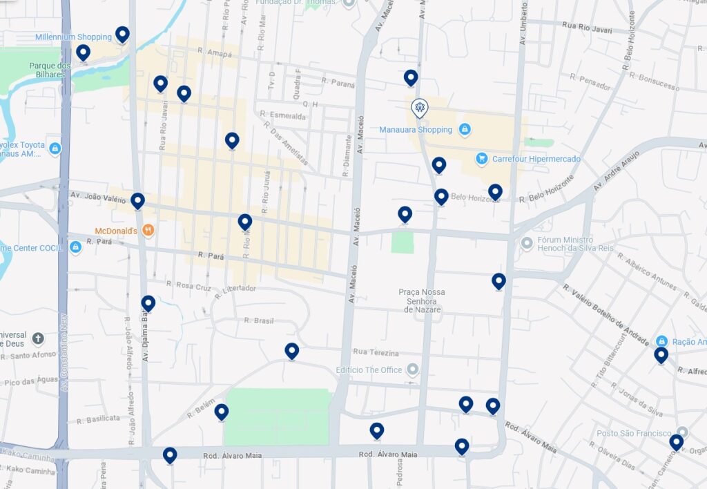 Acomodações em Adrianópolis e Nossa Senhora das Graças - Clique no mapa para ver todos os hotéis disponíveis nessa área