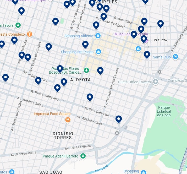 Acomodações em Aldeota - Clique no mapa para ver todas as acomodações disponíveis nessa área