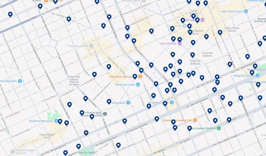 Acomodações em Batel - Clique no mapa para ver todos os hotéis disponíveis nessa área