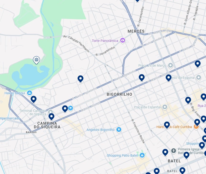 Acomodações em Bigorrilho - Clique no mapa para ver todos os hotéis disponíveis nessa área