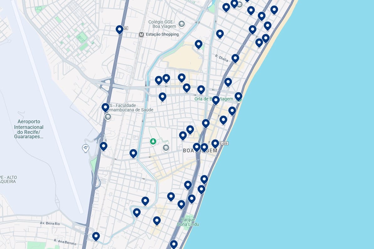 Acomodações em Boa Viagem - Clique no mapa para ver todos os hotéis disponíveis nessa área