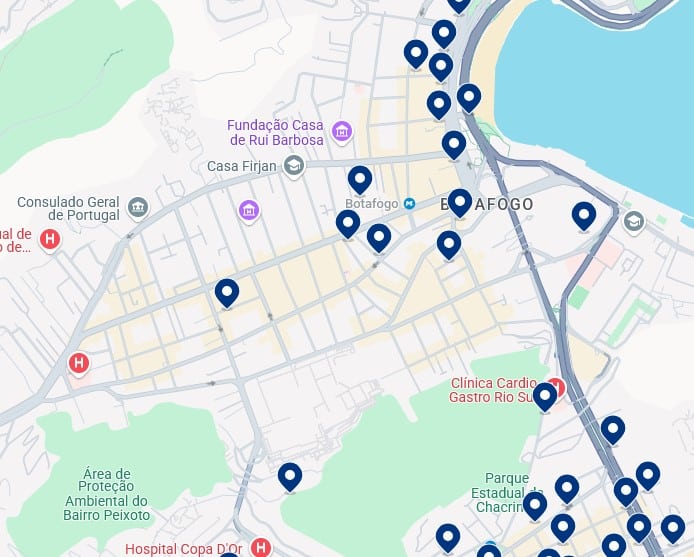 Acomodações em Botafogo - Clique no mapa para ver todos os hotéis disponíveis nessa área