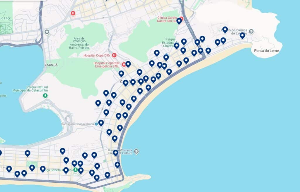 Acomodações em Copacabana - Clique no mapa para ver todos os hotéis disponíveis nessa área