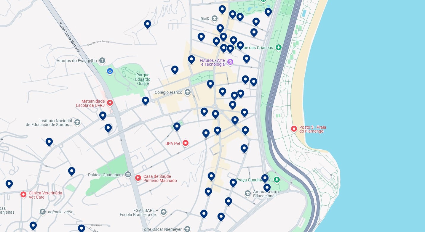 Acomodações em Flamengo - Clique no mapa para ver todos os hotéis disponíveis nessa área