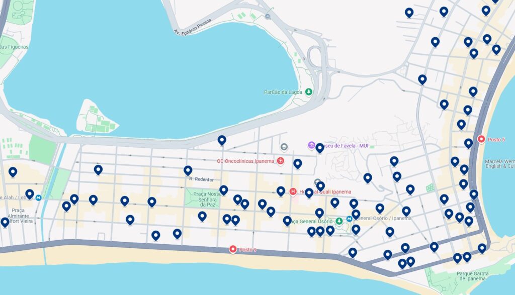 Acomodações em Ipanema - Clique no mapa para ver todos os hotéis disponíveis nessa área