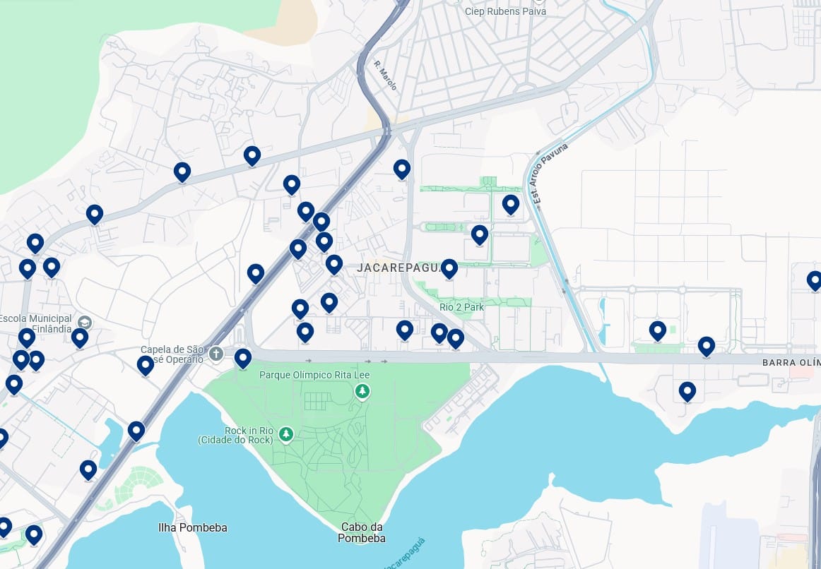 Acomodações em Jacarepaguá - Clique no mapa para ver todos os hotéis disponíveis nessa área