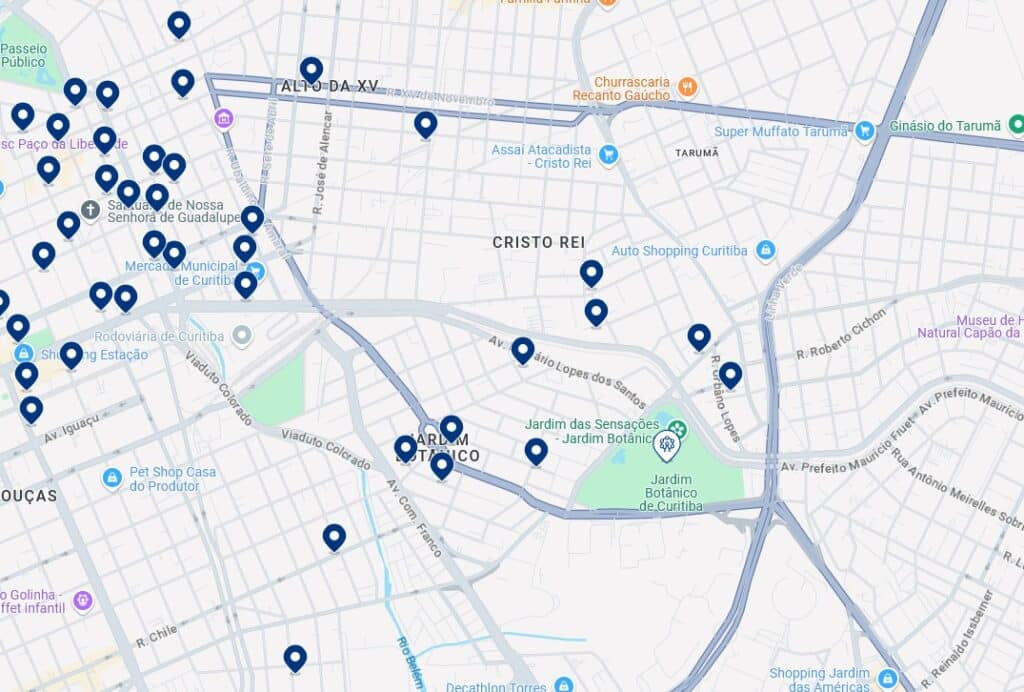 Acomodações em Jardim Botânico - Clique no mapa para ver todos os hotéis disponíveis nessa área