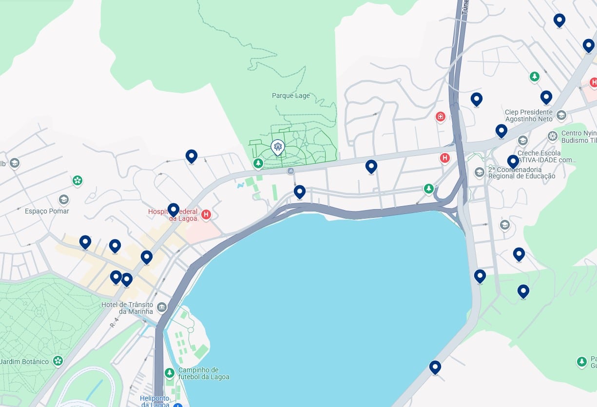 Acomodações em Jardim Botânico & Lagoa - Clique no mapa para ver to dos os hotéis disponíveis nessa área