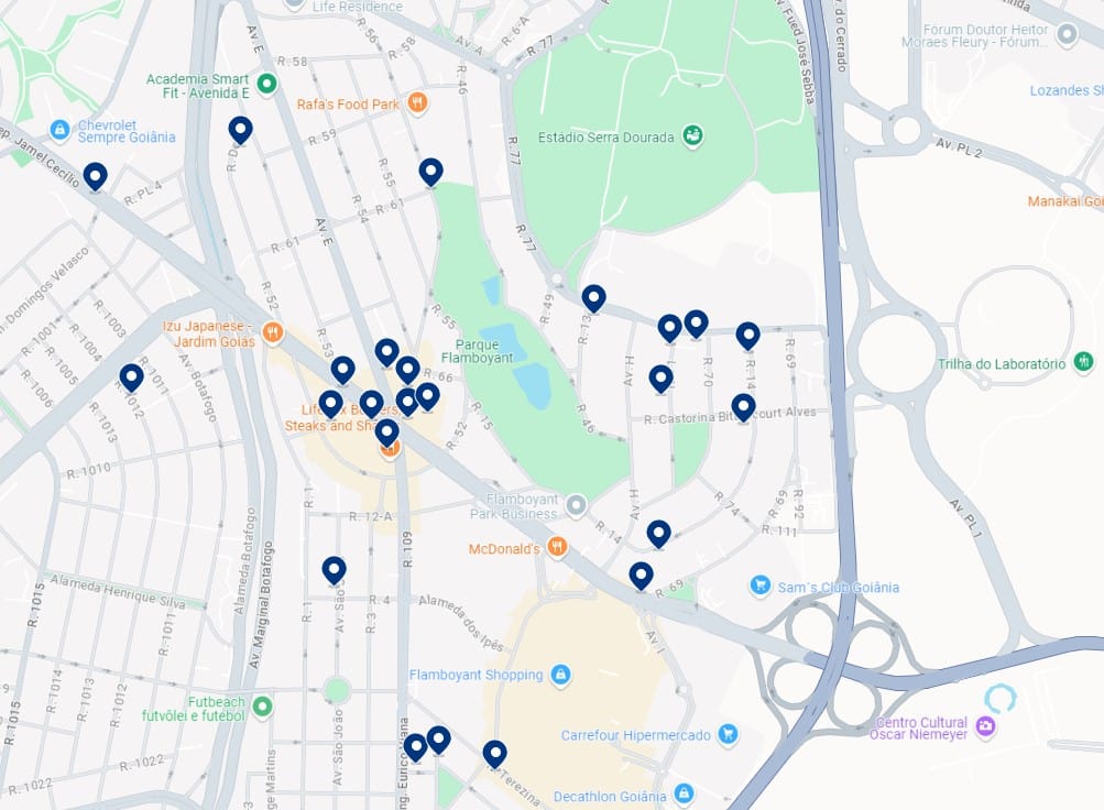 Acomodações em Jardim Goiás - Clique no mapa para ver todas as acomodações disponíveis nessa área