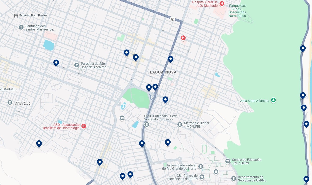 Acomodações em Lagoa Nova - Clique no mapa para ver todos os hotéis disponíveis nessa área