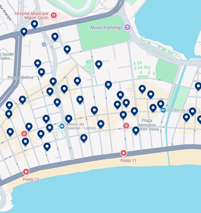 Acomodações em Leblon - Clique no mapa para ver todos os hotéis disponíveis nessa área