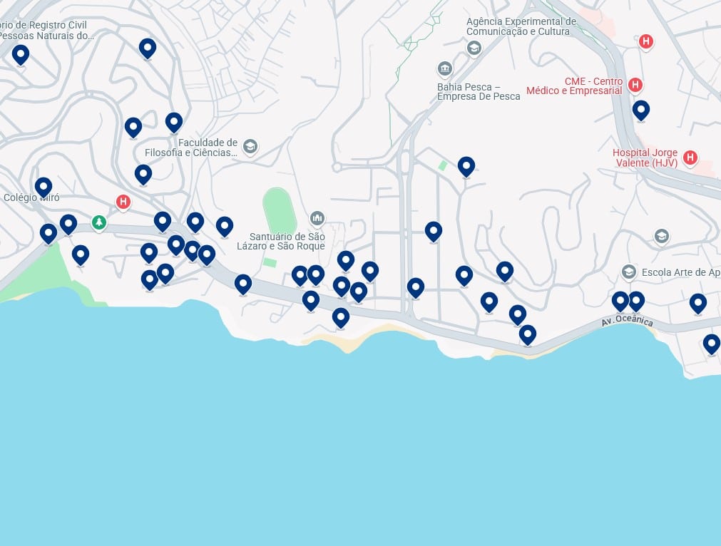 Acomodações em Ondina - Clique no mapa para ver todos os hotéis disponíveis nessa área