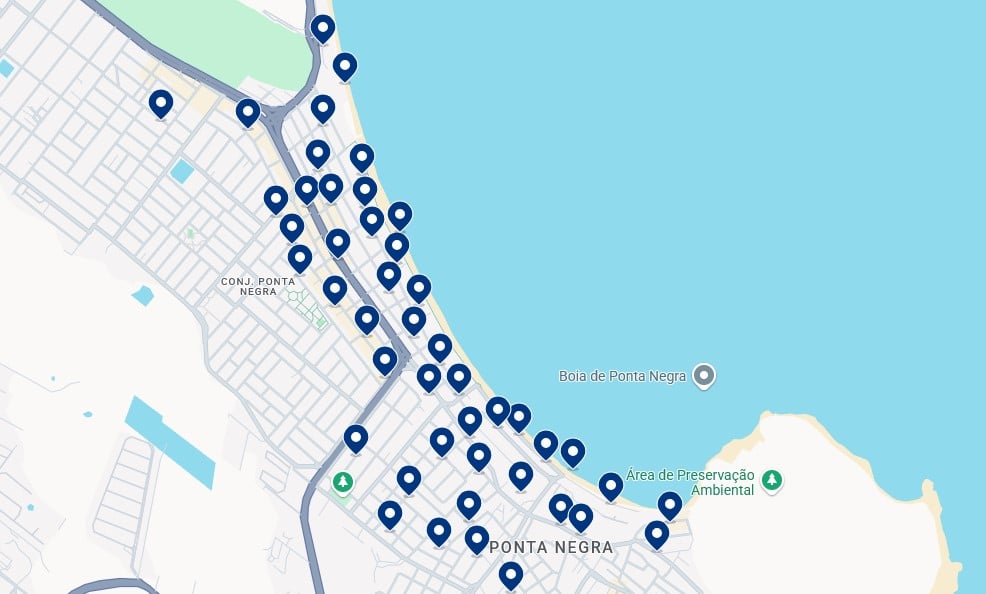 Acomodações em Ponta Negra - Clique no mapa para ver todos os hotéis disponíveis nessa área