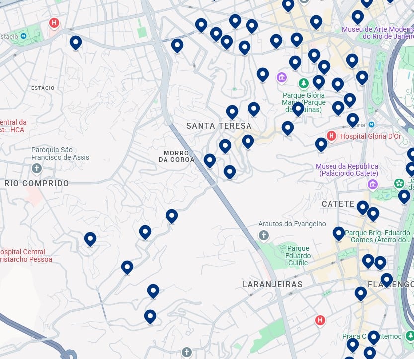 Acomodações em Santa Teresa - Clique no mapa para ver todos os hotéis disponíveis nessa área