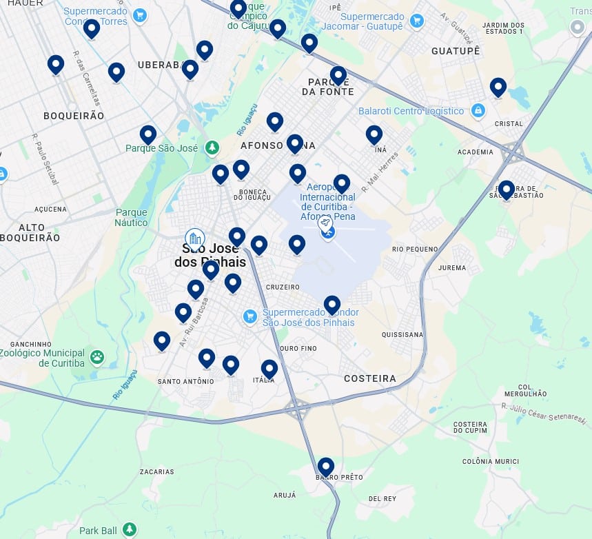 Acomodações em São José dos Pinhais e próximas ao Aeroporto - Clique no mapa para ver todos os hotéis disponíveis nessa área