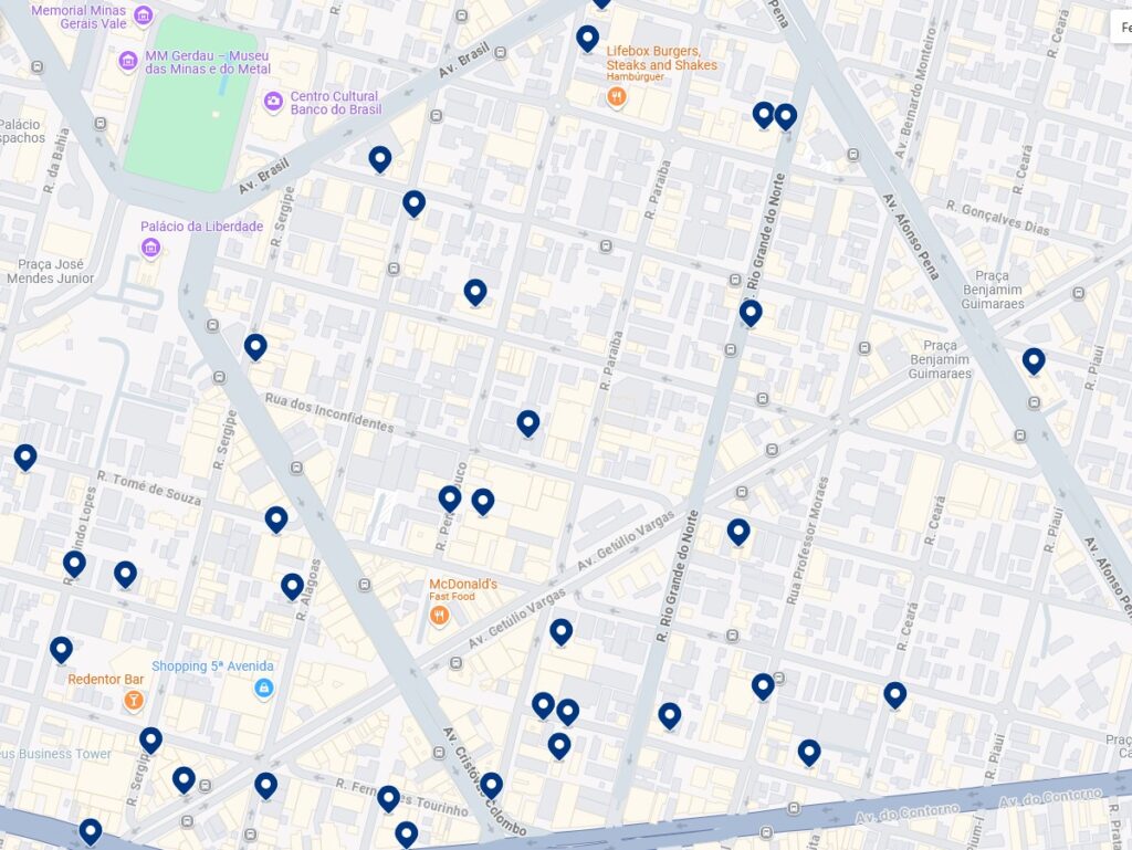 Acomodações em Savassi - Clique no mapa para ver todos os hotéis disponíveis nessa área