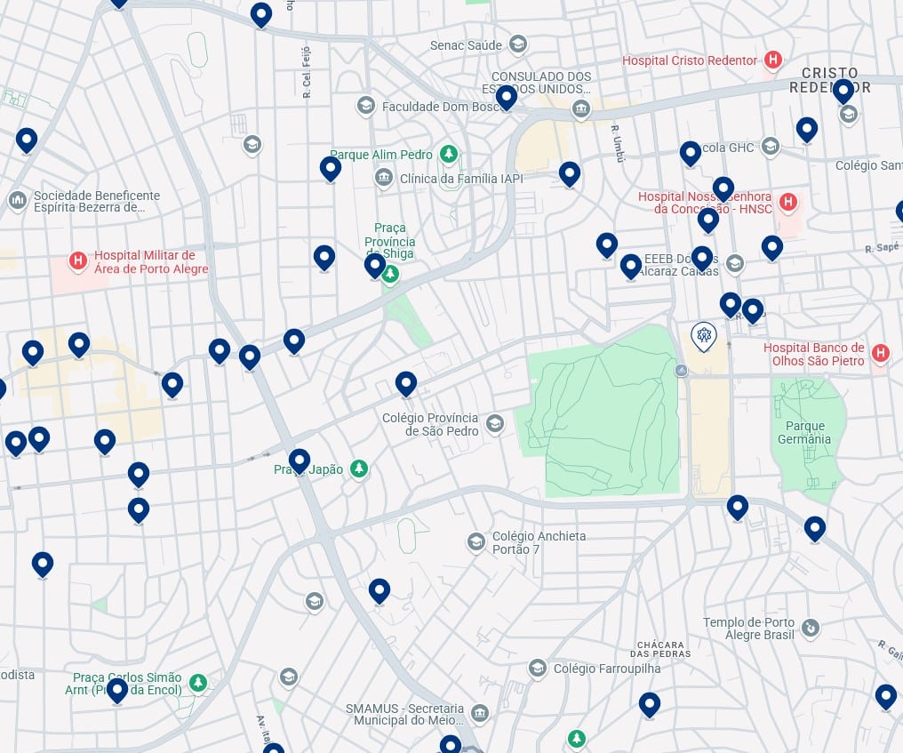 Acomodações em Três Figueiras e Boa Vista - Clique no mapa para ver todos os hotéis disponíveis nessa área