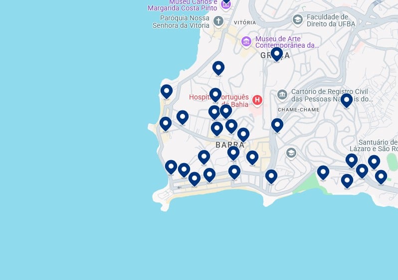 Acomodações na Barra - Clique no mapa para ver todos os hotéis disponíveis nessa área