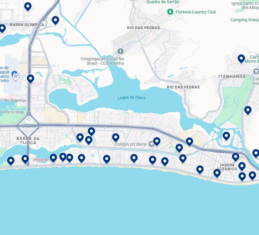 Acomodações na Barra de Tijuca - Clique no mapa para ver todos os hotéis disponíveis nessa área