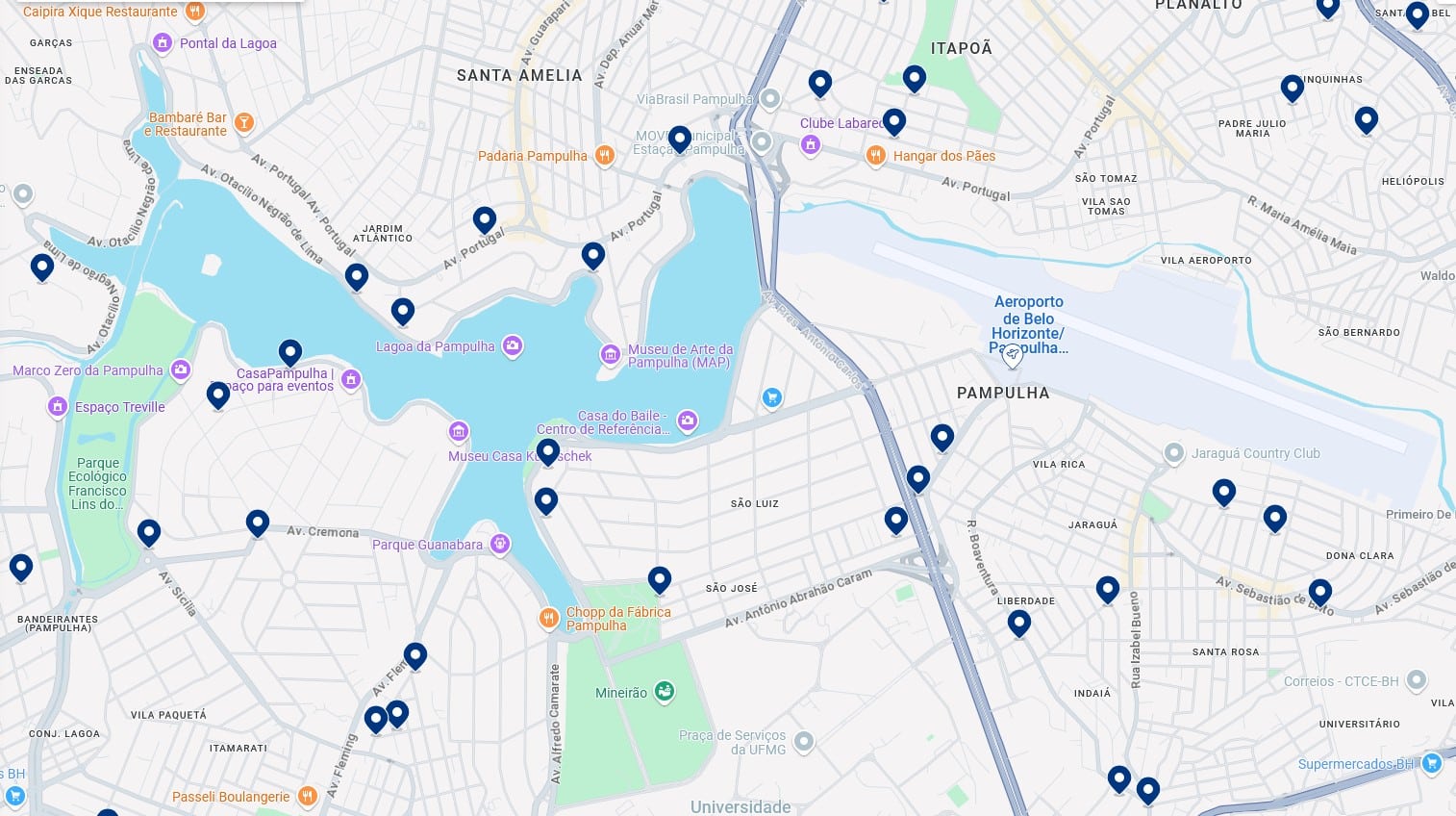 Acomodações na Pampulha - Clique no mapa para ver todos os hotéis disponíveis nessa área