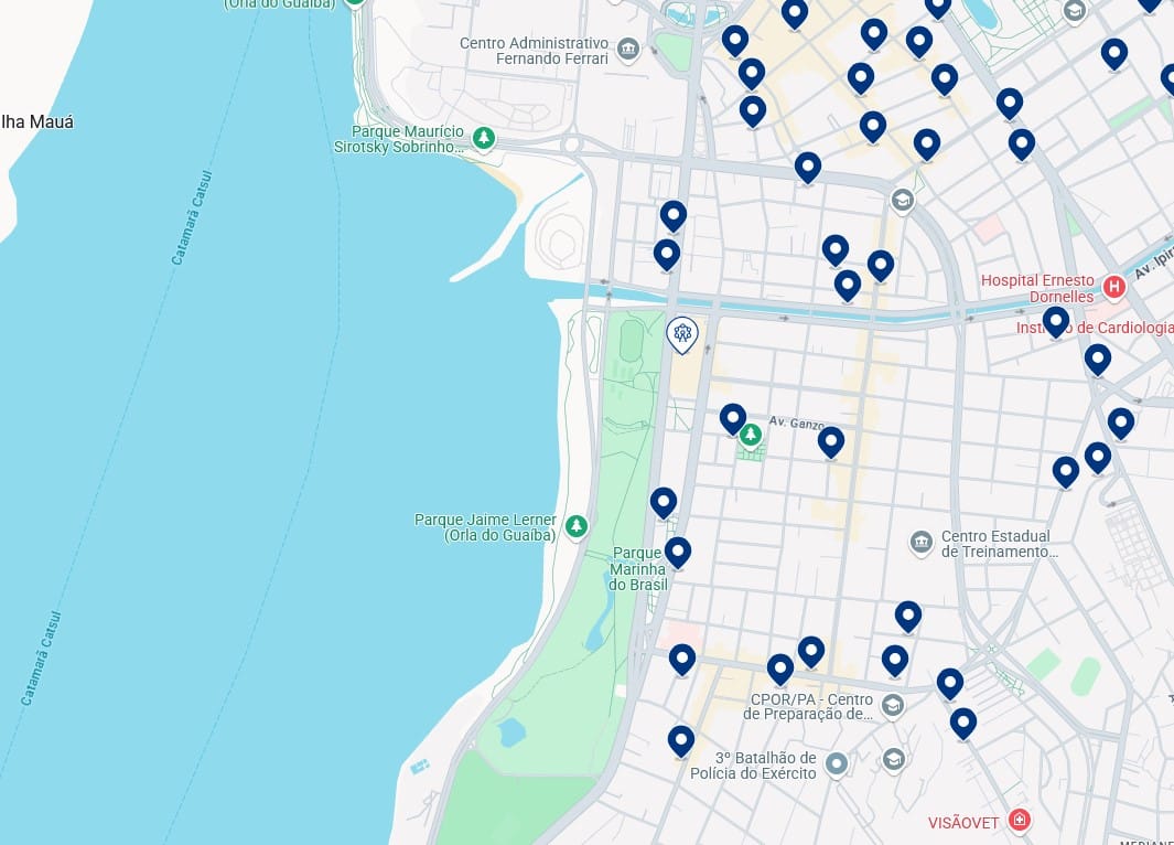 Acomodações na Praia de Belas - Clique no mapa para ver todos os hotéis disponíveis nessa área