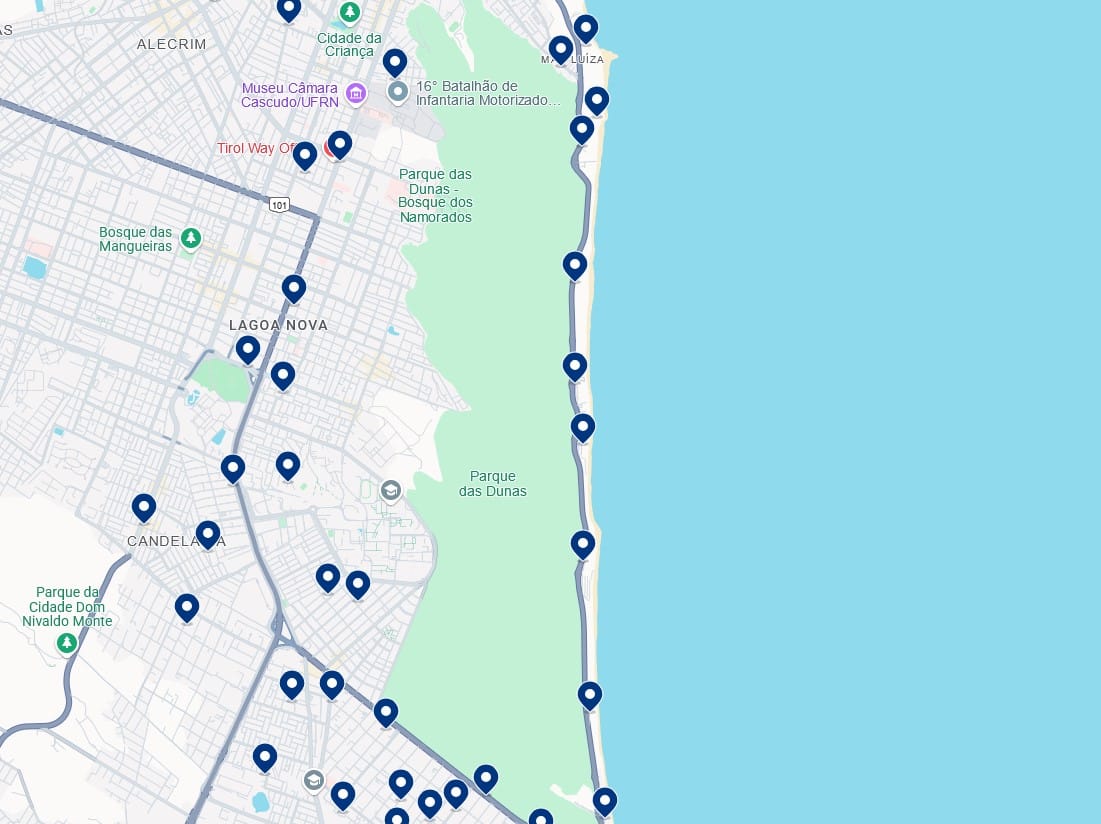 Acomodações na Via Costeira - Clique no mapa para ver todos os hotéis disponíveis nessa área