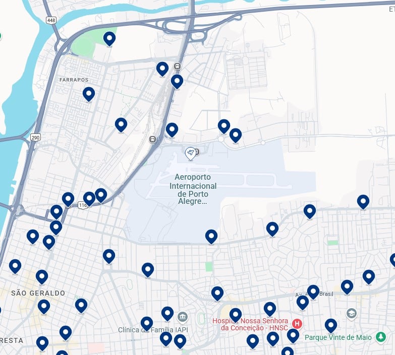 Acomodações na Zona Norte de Porto Alegre - Clique no mapa para ver todos os hotéis disponíveis nessa área