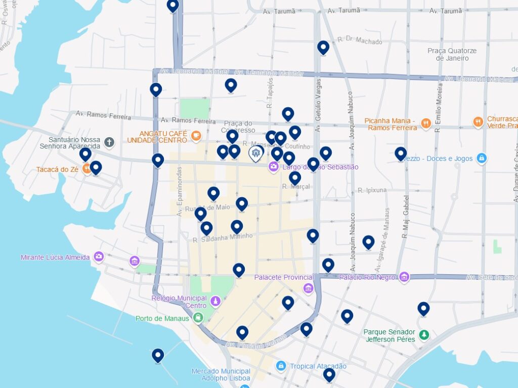 Acomodações no Centro Histórico de Manaus - Clique no mapa para ver todos os hotéis disponíveis nessa área