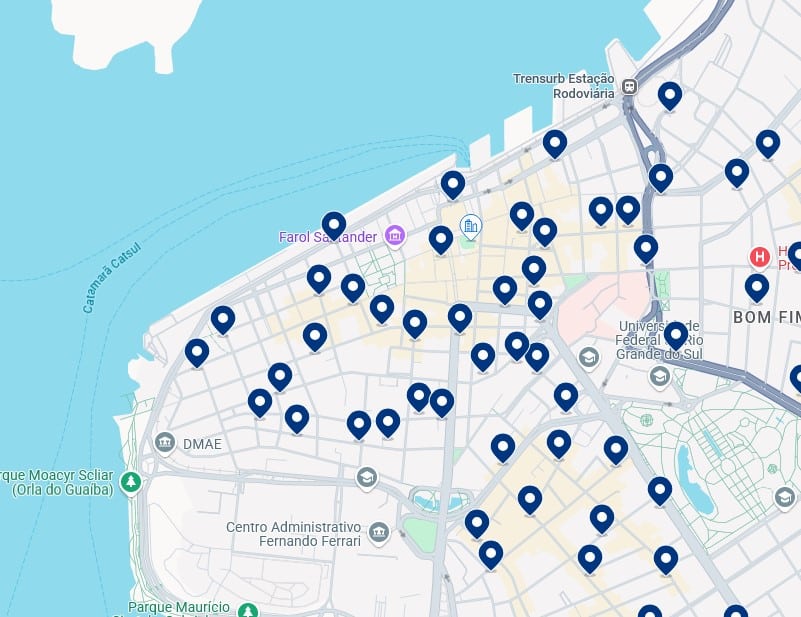 Acomodações no Centro Histórico de Porto Alegre - Clique no mapa para ver todos os hotéis disponíveis nessa área