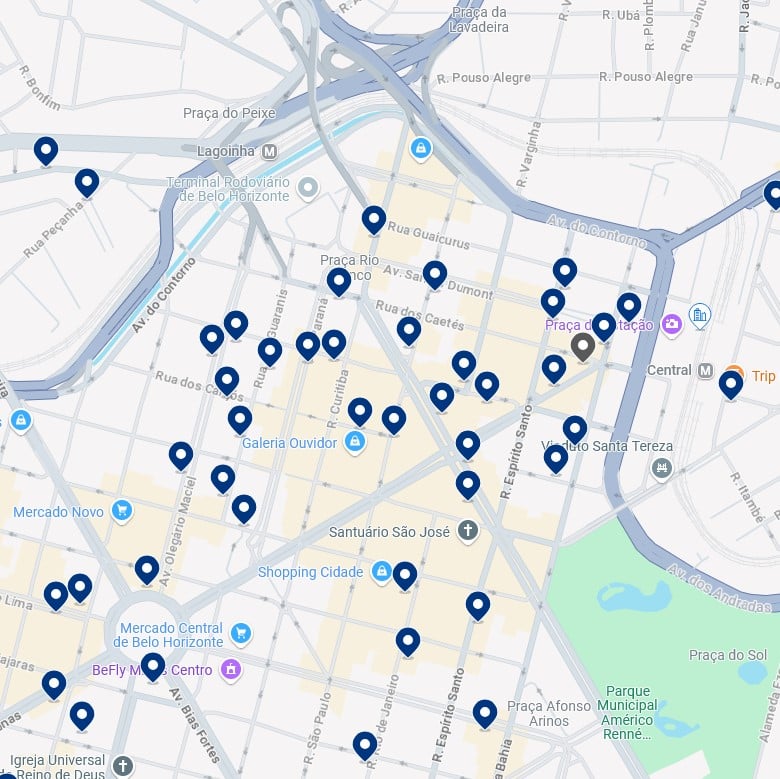 Acomodações no Centro de Belo Horizonte - Clique no mapa para ver todos os hotéis disponíveis nessa área