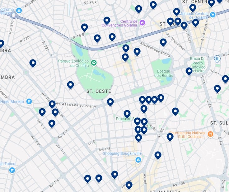 Acomodações no Setor Oeste - Clique no mapa para ver todas as acomodações disponíveis nessa área