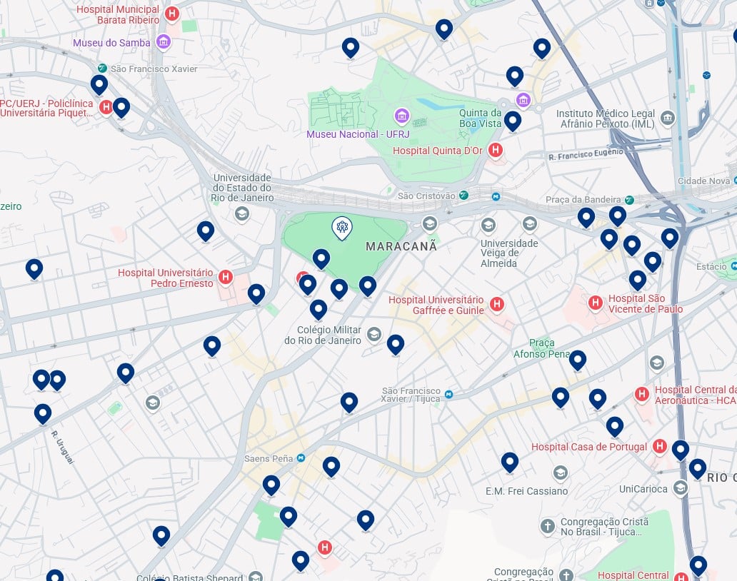 Acomodações perto do Maracanã - Clique no mapa para ver todos os hotéis disponíveis nessa área