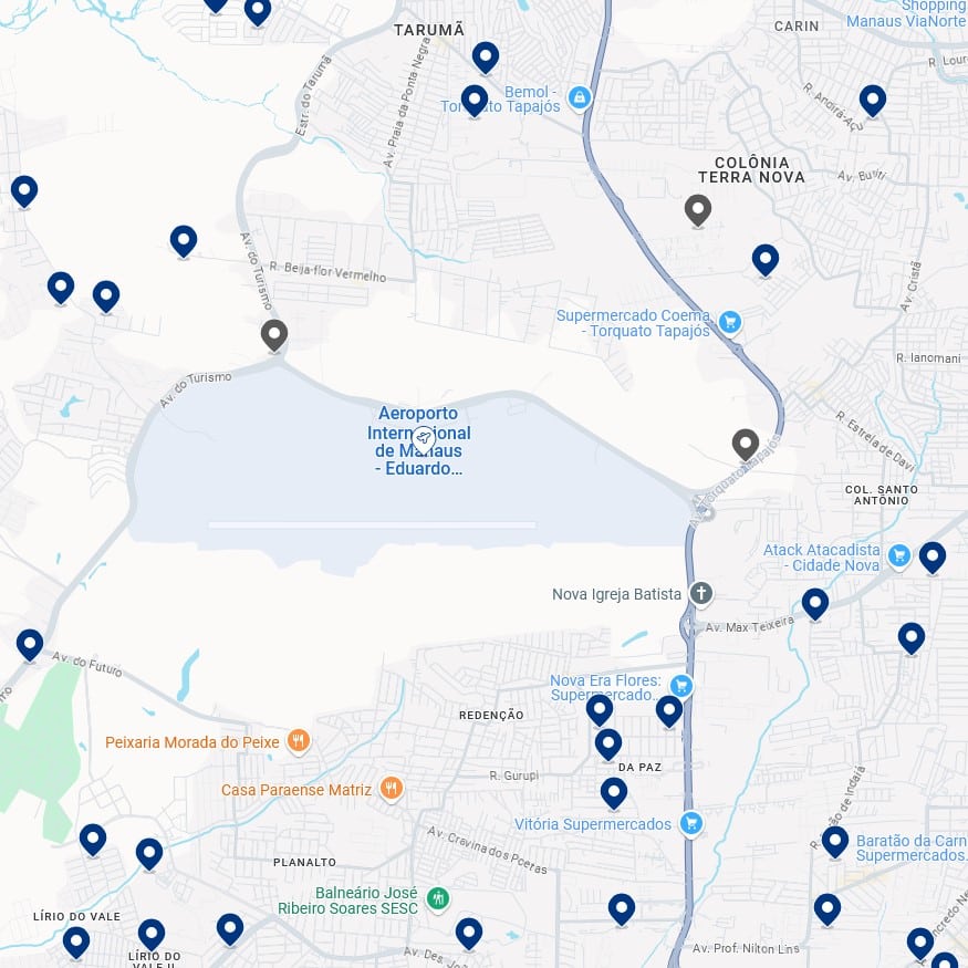 Acomodações perto do aeroporto MAO - Clique no mapa para ver todos os hotéis disponíveis nessa área