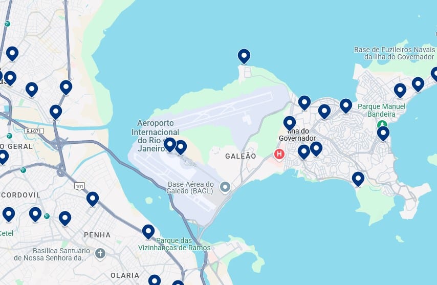 Acomodações perto do aeroporto do Galeão - Clique no mapa para ver todos os hotéis disponíveis nessa área