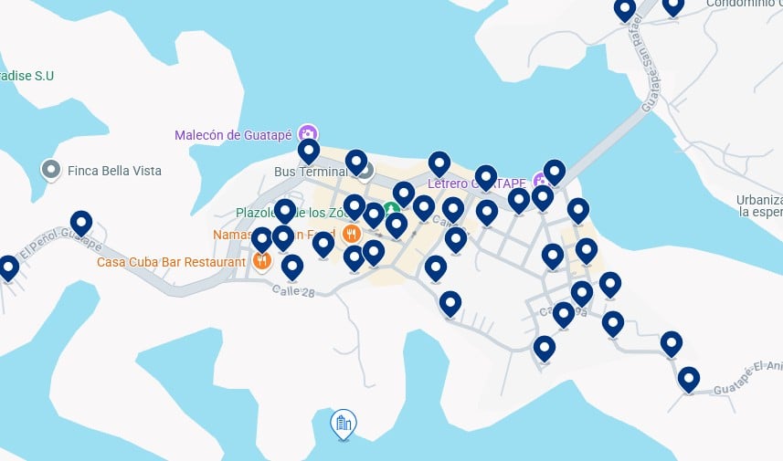 Alojamientos en el centro de Guatapé - Haz clic en el mapa para ver todos los hoteles disponibles en esta zona