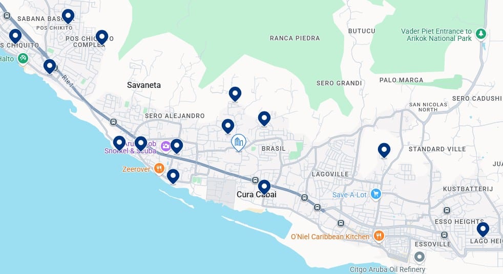 Accommodation in Savaneta - Click on the map to see all available hotels in this area