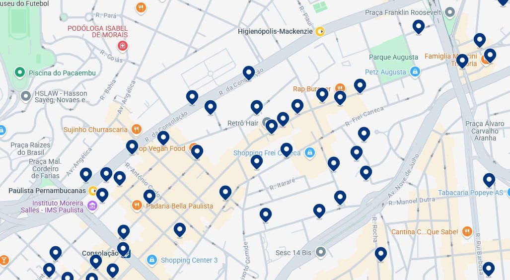 Acomodações em Consolação - Clique no mapa para ver todos os hotéis disponíveis nessa área