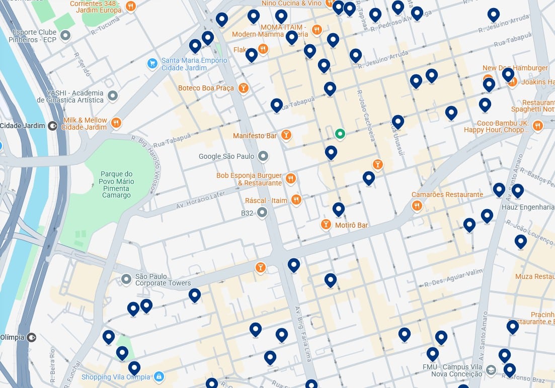 Acomodações em Itaim Bibi - Clique no mapa para ver todos os hotéis disponíveis nessa área