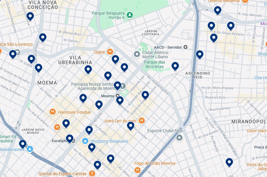 Accommodation in Moema - Click on the map to see all available hotels in this area