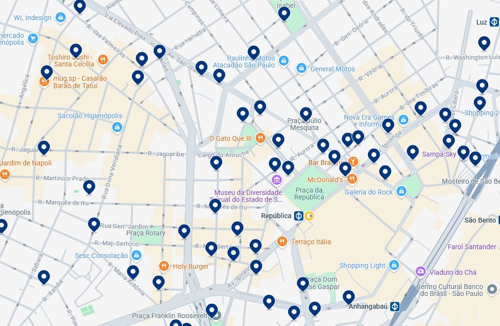 Acomodações em República - Clique no mapa para ver todos os hotéis disponíveis nessa área