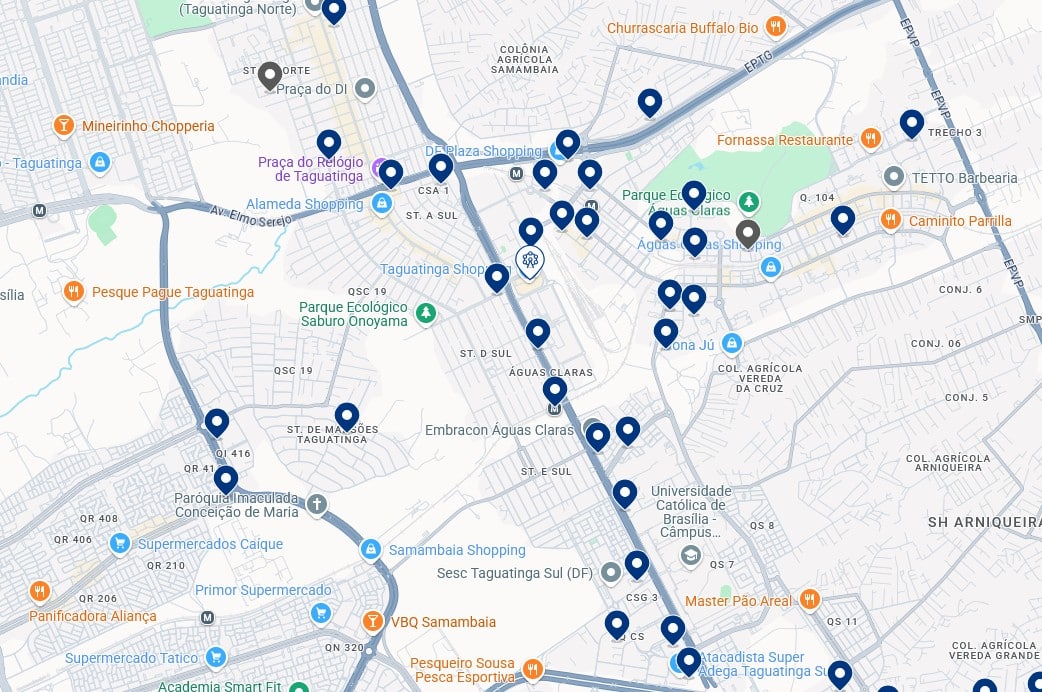 Accommodation in Taguatinga and Águas Claras - Click on the map to see all available hotels in this area