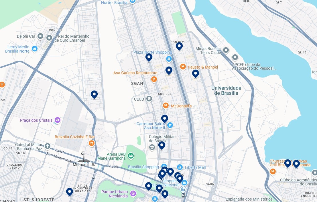 Acomodações na Asa Norte de Brasília - Clique no mapa para ver todos os hotéis disponíveis nessa área